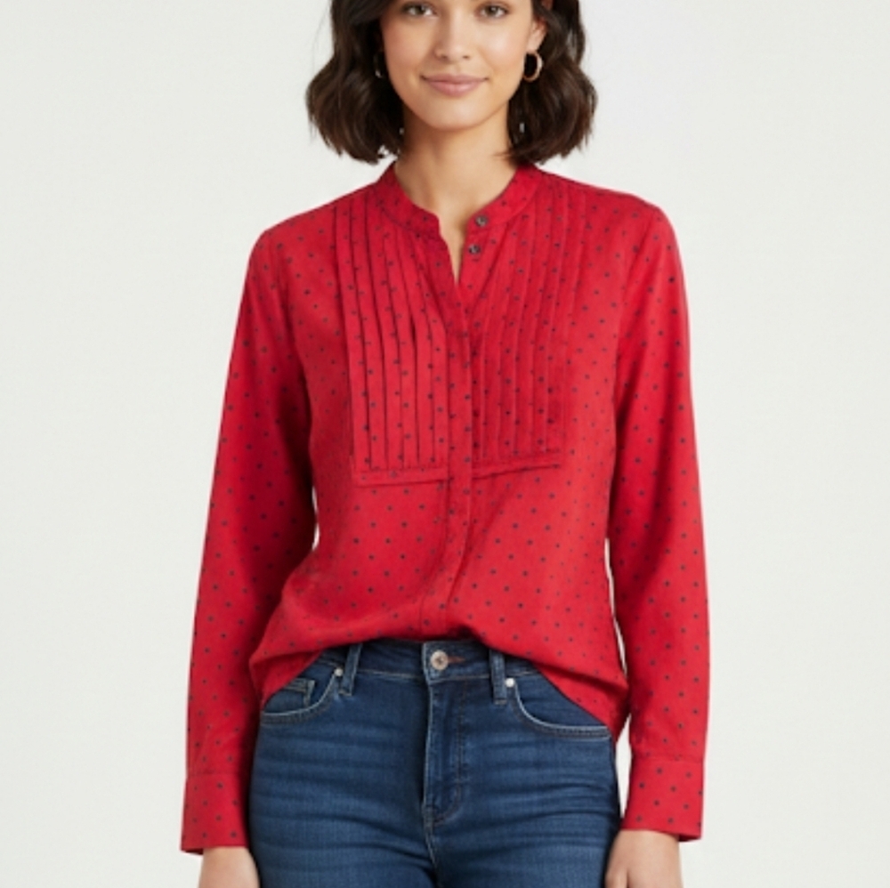 J. Crew Women's Red and Blue Polka Dot Pleated Front Blouse Size XS